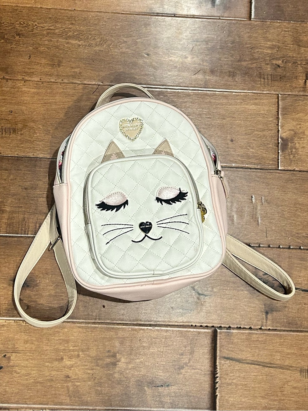 Betsey Johnson Cream and Light Pink Quilted Cat Backpack